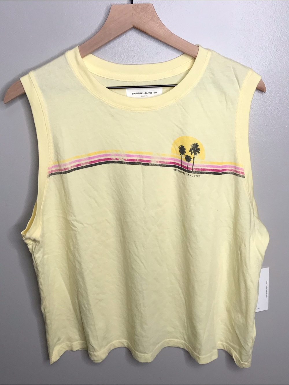 Spiritual Gangster Pale Yellow Palm Stripe Muscle Tank Size XL